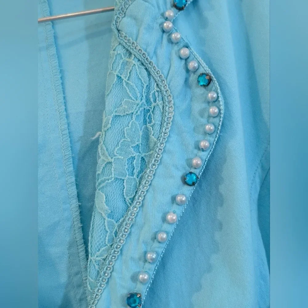 Vintage Resort Cottagecore Pearl Beaded Lace Blazer Jacket XL Coastal Chic Aqua - Picture 4 of 10